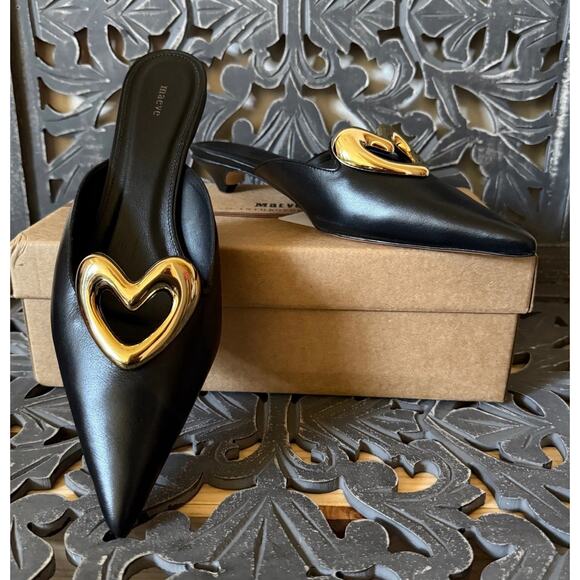 Maeve Anthropologie Black Leather Gold Heart Pointed Toe Mule Kitten Heels Sz 40 - Picture 1 of 13